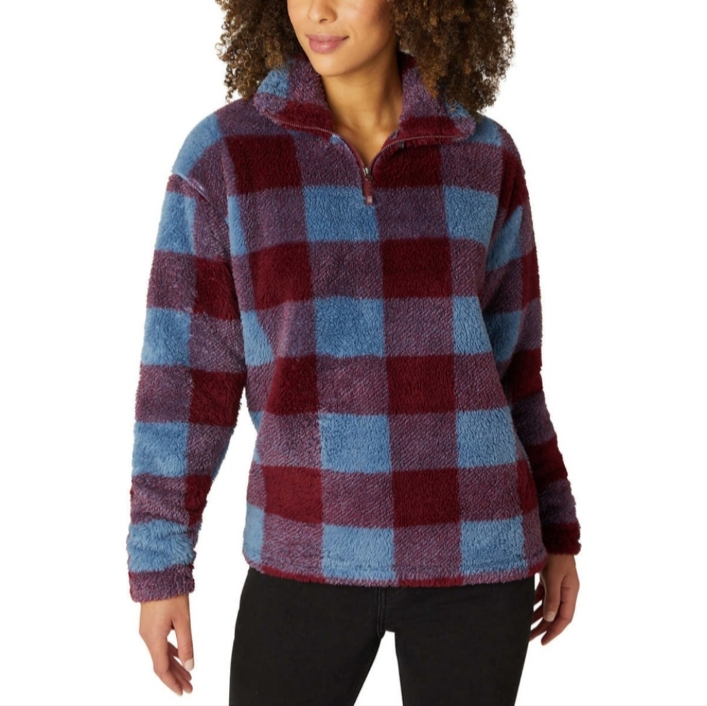 EDDIE BAUER Women's Large Ultra Soft Plush Fleece 1/4 Zip Pullover Harbor Check